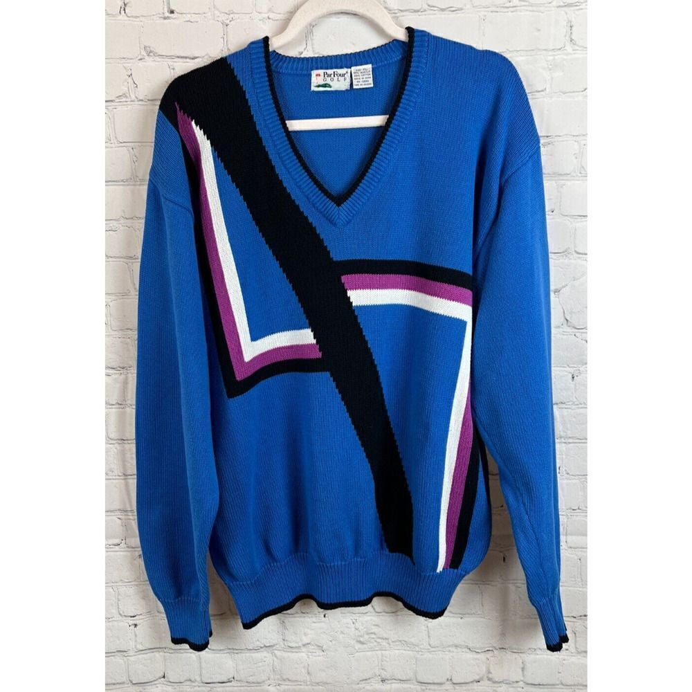 PAR FOUR mens golf knit royal blue V-neck sweater pullover size XL